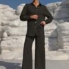 Solid Color Casual Pantsuits, Single-breasted Long Sleeve Collared Blouse & Tie Elastic Waist Pants Outfits, Women's Clothing