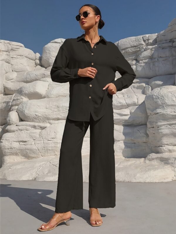 Solid Color Casual Pantsuits, Single-breasted Long Sleeve Collared Blouse & Tie Elastic Waist Pants Outfits, Women's Clothing