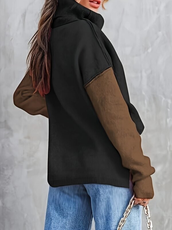 Color Block Turtle Neck Pullover Sweater, Casual Long Sleeve Split Side Sweater For Fall & Winter, Women's Clothing