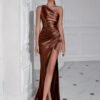 One Shoulder Split Thigh Ruched Dress, Elegant Sleeveless Dress For Party & Banquet, Women's Clothing Wedding/Evening dress/Occasion/Engagement/Ceremony