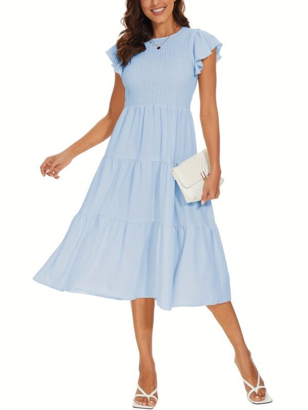 Solid Color Shirred Midi Dress, Elegant Flutter Sleeve Ruffle Hem Dress For Spring & Summer, Women's Clothing