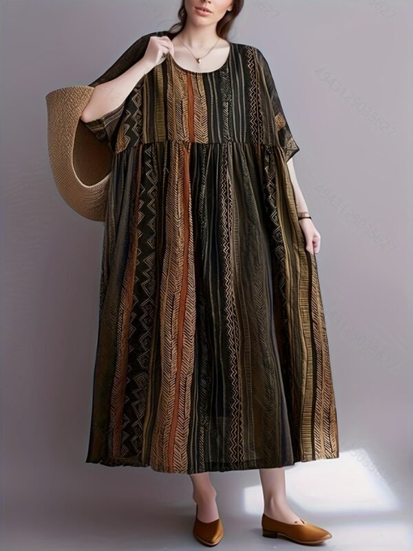 Plus Size Colorblock Stripe Print Loose Dress, Casual Short Sleeve Ruched Dress For Spring & Summer, Women's Plus Size Clothing