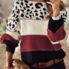 Stylish Color Block Leopard Print Sweater, Crew Neck Long Sleeve Sweater, Casual Tops For Fall & Winter, Women's Clothing