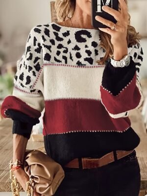 Stylish Color Block Leopard Print Sweater, Crew Neck Long Sleeve Sweater, Casual Tops For Fall & Winter, Women's Clothing