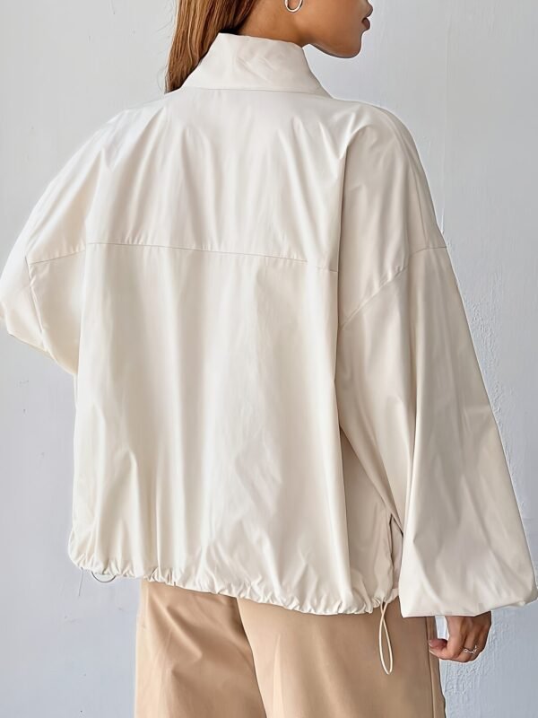 Solid Color Zip Up Drawstring Jacket, Casual Long Sleeve Jacket For Spring & Fall, Women's Clothing