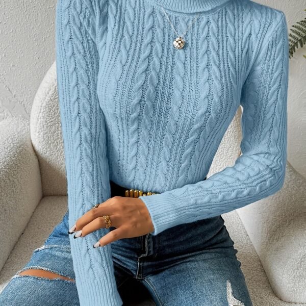 Solid Turtle Neck Cable Knit Sweater, Casual Long Sleeve Slim Sweater, Women's Clothing