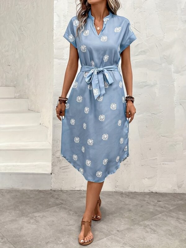 Floral Print Notched Neck Dress, Elegant Batwing Sleeve Dress For Spring & Summer, Women's Clothing