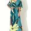 Floral Print V Neck Maxi Dress, Vacation Batwing Sleeve Belted Beach Dress, Women's Clothing