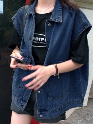 dead0c38-2897-400f-8e61-661b520c2e26-1.jpg Women's Sleeveless Denim Jacket, Solid Color Turn-Down Collar, Loose Fit, Single-Breasted Casual Versatile Street Style Jean Outerwear for Spring/Summer