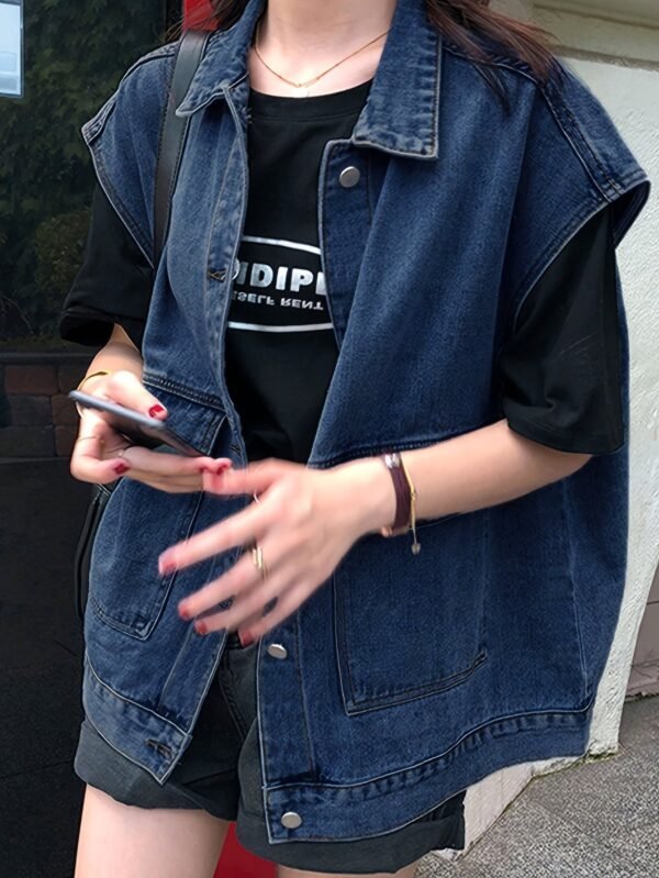 Women's Sleeveless Denim Jacket, Solid Color Turn-Down Collar, Loose Fit, Single-Breasted Casual Versatile Street Style Jean Outerwear for Spring/Summer