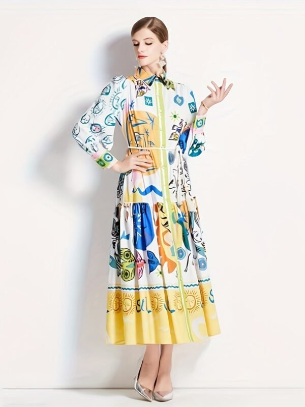 Graphic Print Button Front Dress, Casual Long Sleeve Tie Waist Dress For Spring & Fall, Women's Clothing