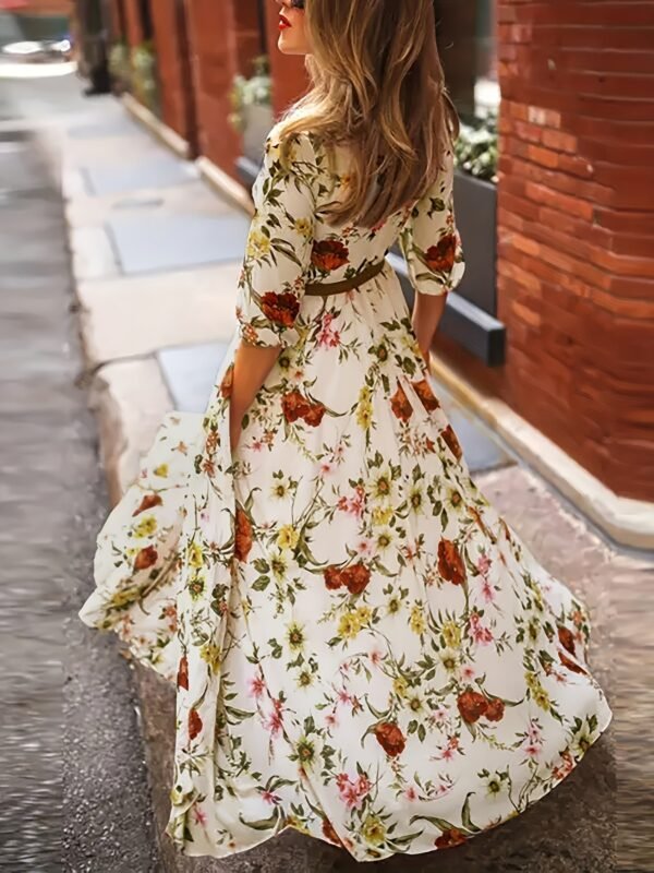 Floral Print A-line Dress, Elegant Crew Neck Half Sleeve Dress For Spring & Summer, Women's Clothing