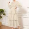 Raw Trim Waist Layer Ruffle Dress, Elegant Puff Long Sleeve Crew Neck Dress, Women's Clothing Wedding graduation engagement occasion ceremony party holiday vacation birthday
