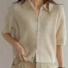 Solid Color Button Front Knit Cardigan, Casual Collared Short Sleeve Cardigan For Spring & Summer, Women's Clothing