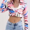 Abstract Print Cropped Jacket, Casual Lapel Long Sleeve Outerwear, Women's Clothing