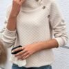 Solid Color Button Decor Pullover Sweatshirt, Casual Long Sleeve Turtle Neck Sweatshirt For Winter & Fall, Women's Clothing