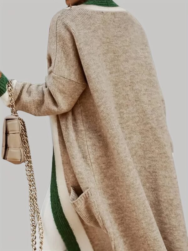 Color Block Open Front Knit Cardigan, Vintage Long Sleeve Long Length Sweater Coat With Pocket, Women's Clothing