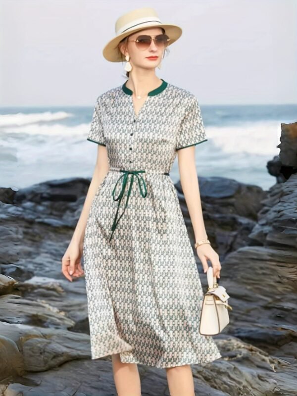 Allover Print Drawstring Waist Dress, Elegant Short Sleeve Contrast Trim Button Front Dress For Spring & Summer, Women's Clothing