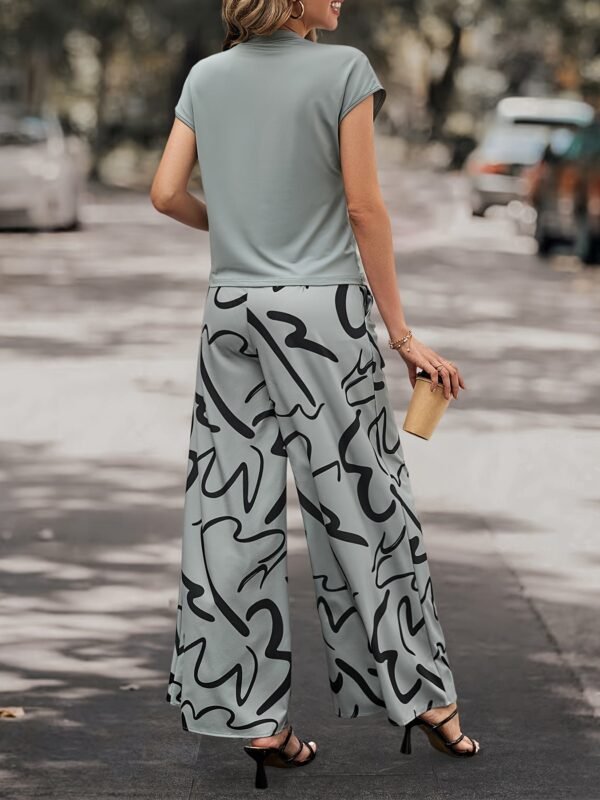 Striped Print Casual Pantsuits, Solid Crew Neck Short Sleeve T-shirt & Wide Leg Pants Outfits For Spring & Summer, Women's Clothing