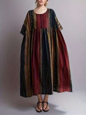 Plus Size Colorblock Stripe Print Loose Dress, Casual Short Sleeve Ruched Dress For Spring & Summer, Women's Plus Size Clothing