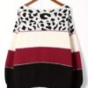 Stylish Color Block Leopard Print Sweater, Crew Neck Long Sleeve Sweater, Casual Tops For Fall & Winter, Women's Clothing