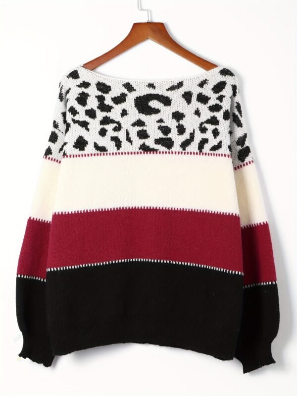 Stylish Color Block Leopard Print Sweater, Crew Neck Long Sleeve Sweater, Casual Tops For Fall & Winter, Women's Clothing