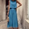 Elegant Solid Color Pantsuits Set, Crew Neck Tank Top & Wide Leg Pants Outfits, Women's Clothing