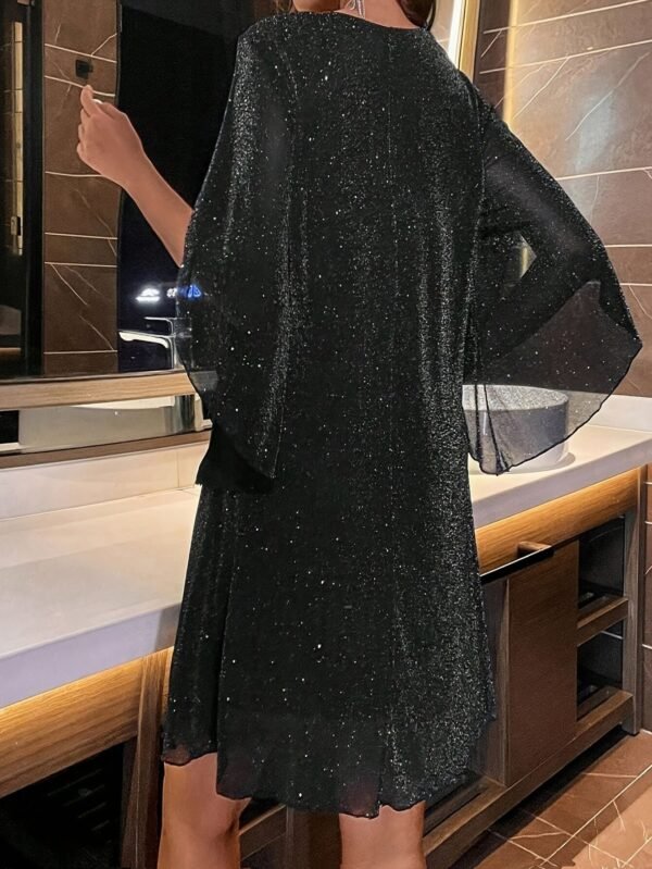 Sequined V Neck Loose Dress, Elegant Cloak Sleeve Mini Dress For Party & Banquet, Women's Clothing