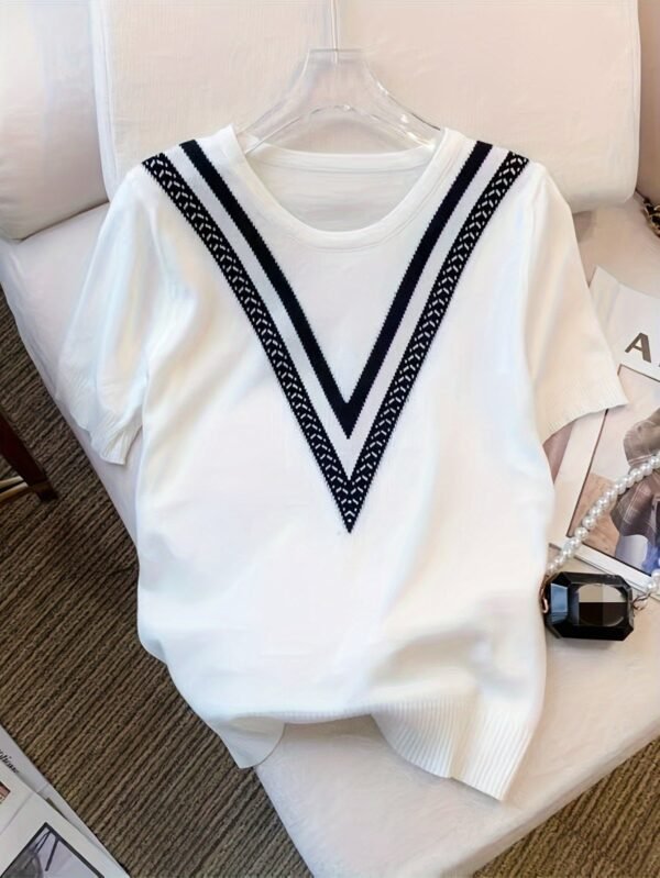 Color Block Crew Neck Knitted Sweater, Casual Short Sleeve Top For Spring & Summer, Women's Clothing