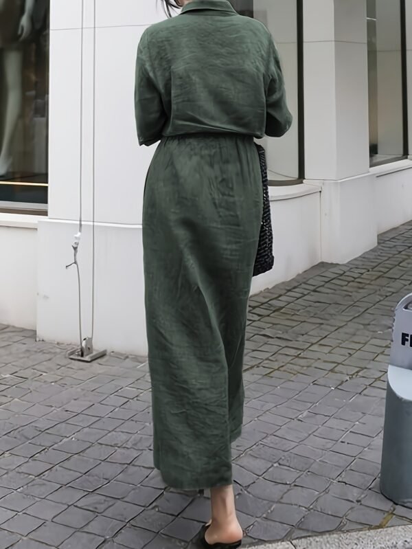 Button Front Tie Waist Dress, Elegant Solid Color Pocket Collared Dress For Spring & Fall, Women's Clothing