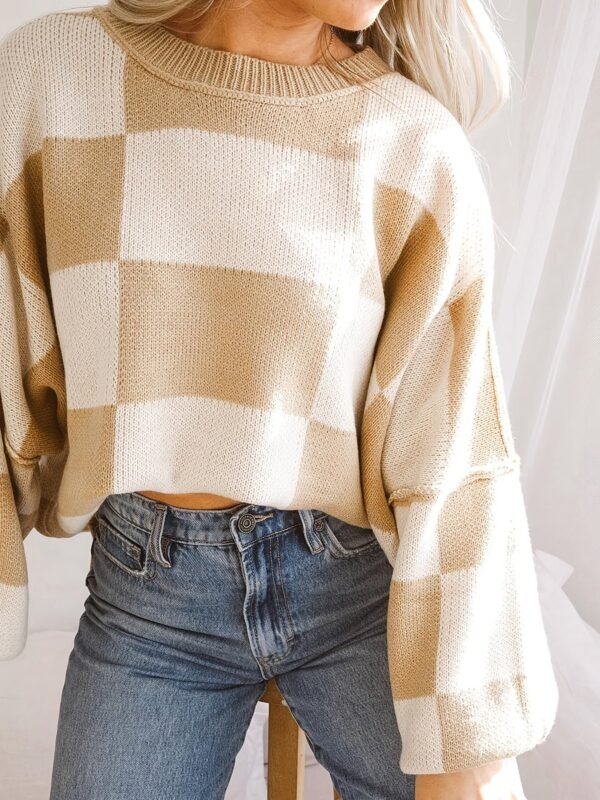 Plaid Pattern Knit Sweater, Casual Long Sleeve Drop Shoulder Pullover Sweater, Women's Clothing