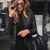 Women's Street Style Chic Coated Stretchy Plain Black Color Jacket With Zipper Pockets And Modern Fit