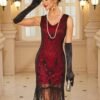 Fringe Hem Sequin Decor Flapper Dress, Retro Sleeveless V Neck Tank Slim Dress For Party & Banquet, Women's Clothing