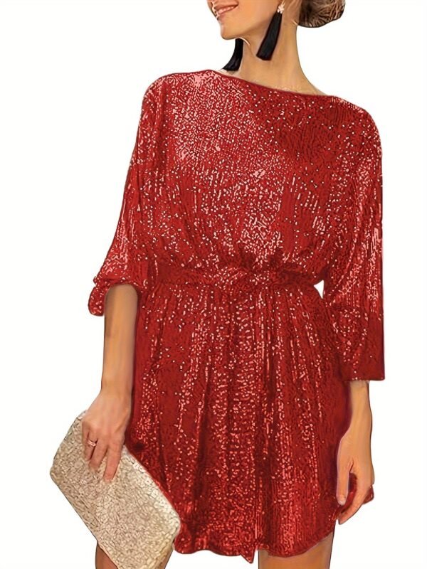Sequined Tie Waist Dress, Elegant Solid Dress For Club & Party, Women's Clothing
