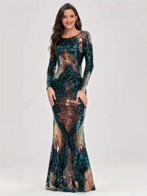 ed296164-c178-4b2e-b489-b9923e527cb3-1.jpg Sparkling Sequin Crew Neck Cocktail Dress, Elegant Long Sleeve Mermaid Dress For Party & Banquet, Women's Clothing Wedding/Evening dress/Occasion/Engagement/Ceremony