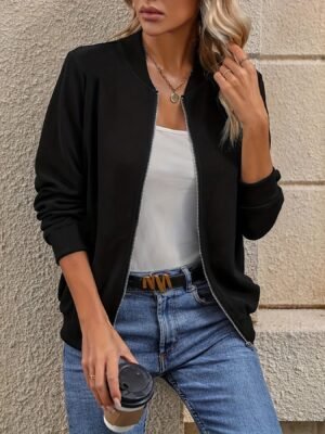 Solid Zip Up Jacket, Casual Long Sleeve Outerwear For Spring & Summer, Women's Clothing