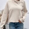 Solid Color Button Decor Pullover Sweatshirt, Casual Long Sleeve Turtle Neck Sweatshirt For Winter & Fall, Women's Clothing