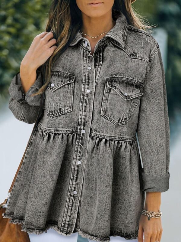 Women's Casual Long Sleeve Denim Button Down Shirt, Ruffled-Hem Denim Jacket