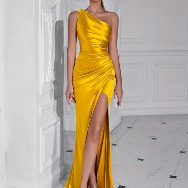 One Shoulder Split Thigh Ruched Dress, Elegant Sleeveless Dress For Party & Banquet, Women's Clothing Wedding/Evening dress/Occasion/Engagement/Ceremony