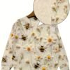 Flower & Bee Pattern Sweater, Versatile Crew Neck Long Sleeve Sweater For Spring & Fall, Women's Clothing