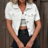Plain White Short Sleeve Denim Coat, Lapel Single-breasted Flap Pocket Denim Jacket, Women's Denim Jeans & Clothing