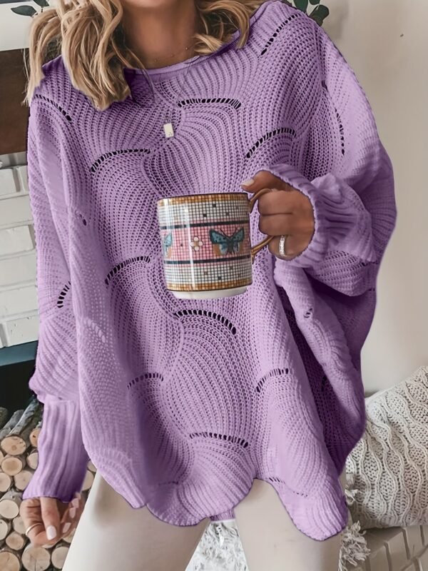 Solid Cutout Irregular Hem Knit Sweater, Casual Crew Neck Long Sleeve Pullover Sweater, Women's Clothing