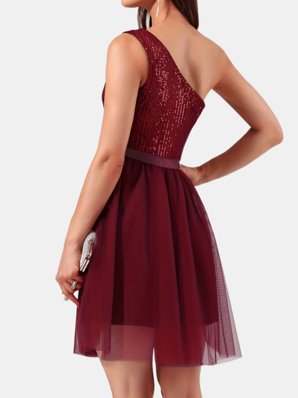 Sequined One Shoulder Tank Dress, Elegant Layered Mesh A-Line Mini Dress For Club & Party, Women's Clothing