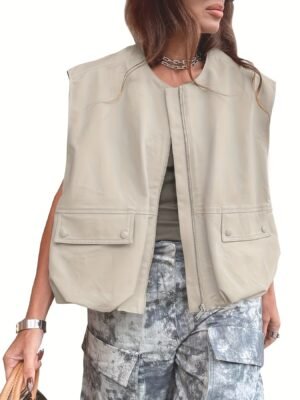 f3fa59c5-1852-4f3e-a0e8-3b01500d873b-1.jpg Zipper Loose Solid Vest Jacket, Casual Sleeveless Jacket For Spring & Summer, Women's Clothing