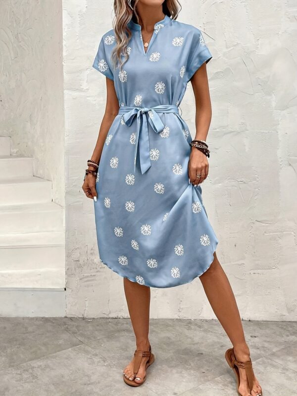 Floral Print Notched Neck Dress, Elegant Batwing Sleeve Dress For Spring & Summer, Women's Clothing