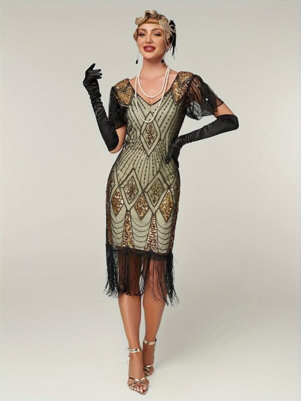 Sequin V Neck Dress, Elegant Fringe Hem Dress For Party & Club, Women's Clothing Wedding/Evening dress/Occasion/Engagement/Ceremony