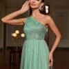 Sequin One Shoulder Contrast Mesh Dress, Elegant Sleeveless Floor Length Formal Dress For Party & Banquet, Women's Clothing For Party Dressing
