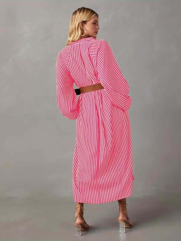 Striped Print Lantern Sleeve Dress, Stylish Notch Neck Dress For Spring & Fall, Women's Clothing