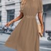 Chain Belted Puff Sleeve Dress, Elegant Summer Mock Neck Knee Length Dress For Spring & Summer, Women's Clothing