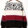 Stylish Color Block Leopard Print Sweater, Crew Neck Long Sleeve Sweater, Casual Tops For Fall & Winter, Women's Clothing